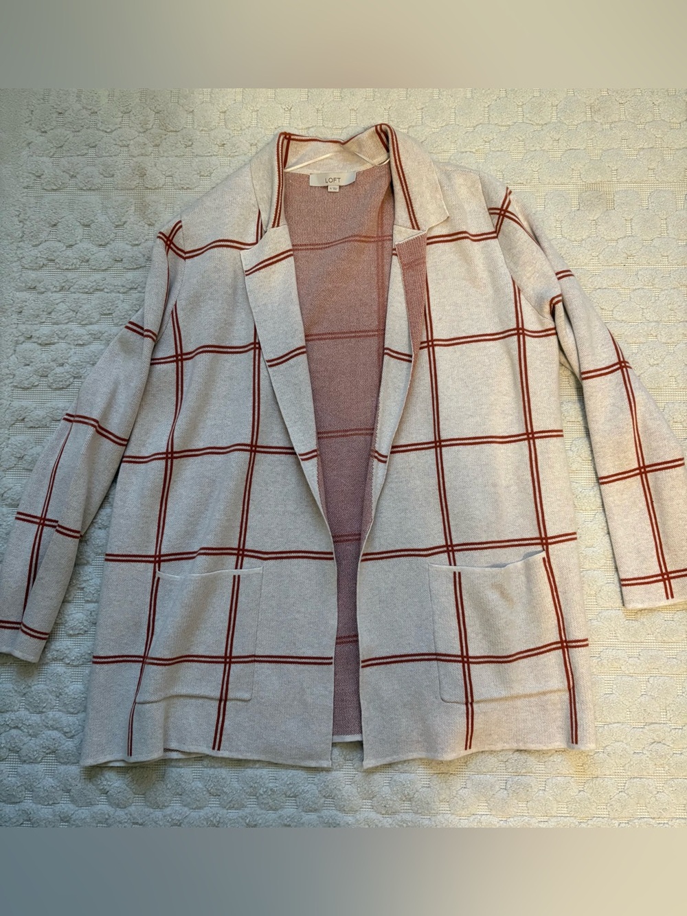 LOFT Cream Cardigan with Rust Windowpane Plaid